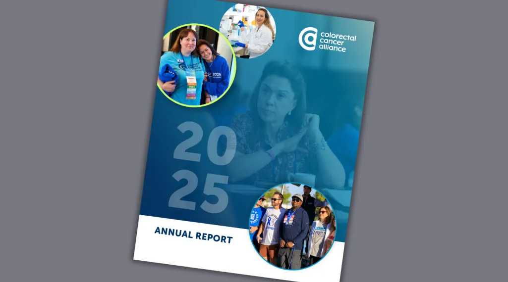 Cover of the Colorectal Cancer Alliance 2025 Annual Report, featuring a large "2025" watermark over a photo of a woman at a community event, with the Colorectal Cancer Alliance logo and three circular inset photos: two women embracing at a survivor event, a researcher in a lab coat, and a group of walk participants outdoors.