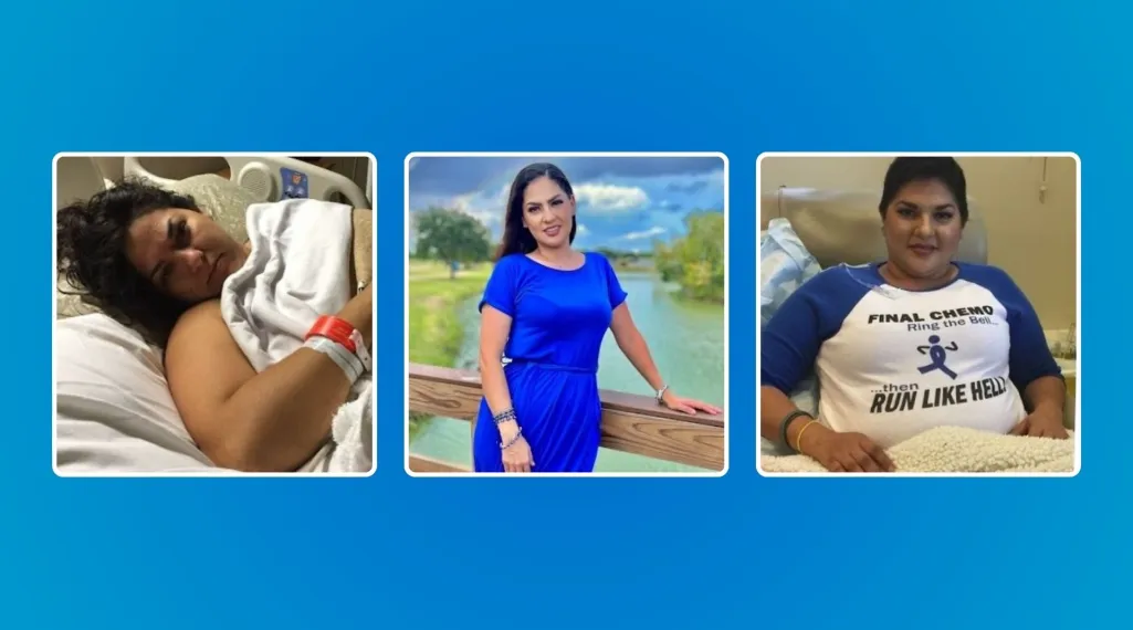 Three photos of Azucena Reyes: recovering in a hospital bed during treatment, smiling outdoors in a blue dress, and wearing a 'Final Chemo' t-shirt after finishing treatment.