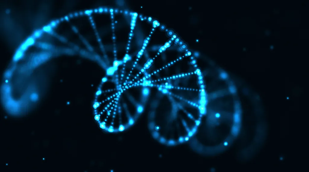 Glowing blue DNA double helix made of light-like dots and lines, floating against a dark background, giving the feel of biotechnology.