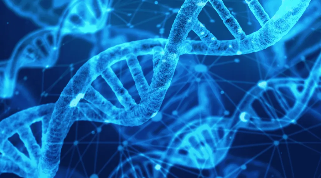 A close-up digital illustration of glowing blue DNA strands twisting through a dark blue background. Multiple double helixes appear at different depths, connected by a network of lighted nodes and lines.