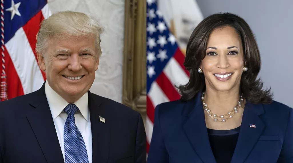 Official portraits of Donald Trump and Kamala Harris