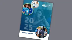 Cover of the Colorectal Cancer Alliance 2025 Annual Report, featuring a large "2025" watermark over a photo of a woman at a community event, with the Colorectal Cancer Alliance logo and three circular inset photos: two women embracing at a survivor event, a researcher in a lab coat, and a group of walk participants outdoors.