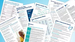 A graphic illustrating a collection of printable resources about colorectal cancer