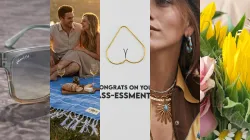 A collage of lifestyle images: sunglasses on a beach, a smiling couple having a picnic with wine and bread, a heart-shaped gold bracelet graphic, a woman wearing layered turquoise jewelry, and a bouquet with bright yellow sunflowers.