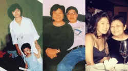 Three photos showing Kate Shin and her mother, Lynn, at different stages of their lives. Left: Lynn stands with young Kate in a blue dress. Center: Lynn smiles beside her husband on a couch. Right: Kate and Lynn sit close together at a dinner table, smiling warmly.