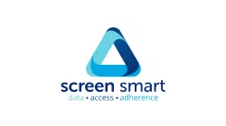 Screen Smart logo featuring an interlocking blue triangular ribbon design above the words 'screen smart' in dark blue and 'data • access • adherence' in light blue.