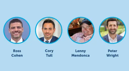 Headshots of Ross Cohen, Lenny Mendonça, Cory Tull, and Peter Wright