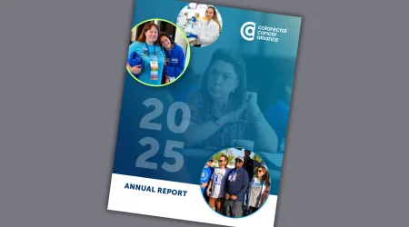 Cover of the Colorectal Cancer Alliance 2025 Annual Report, featuring a large "2025" watermark over a photo of a woman at a community event, with the Colorectal Cancer Alliance logo and three circular inset photos: two women embracing at a survivor event, a researcher in a lab coat, and a group of walk participants outdoors.