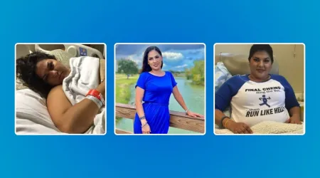 Three photos of Azucena Reyes: recovering in a hospital bed during treatment, smiling outdoors in a blue dress, and wearing a 'Final Chemo' t-shirt after finishing treatment.