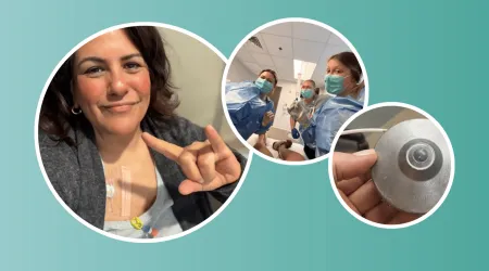 A collage featuring a smiling woman with a chest infusion port, a medical team preparing for a procedure, and a close-up of an HAI pump used for liver-directed chemotherapy treatment.