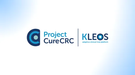 The Project Cure CRC and KLEOS adaptive clinical trial platform logos over a white and blue gradient background.