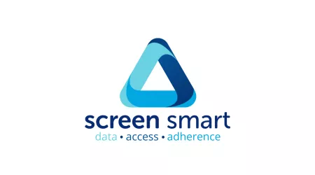 Screen Smart logo featuring an interlocking blue triangular ribbon design above the words 'screen smart' in dark blue and 'data • access • adherence' in light blue.