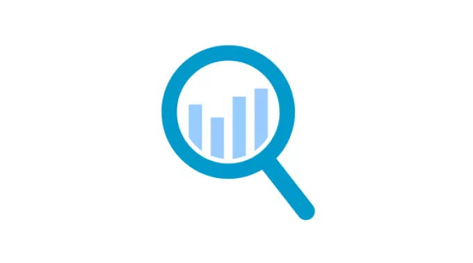 A blue icon of a magnifying glass over data points. 