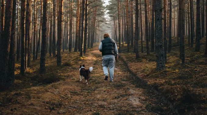 man walking dog in woods