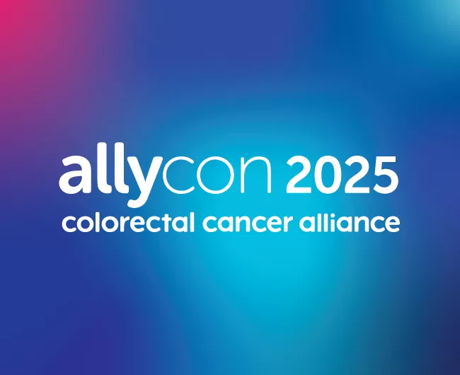 Graphic with a blue and purple gradient background featuring the text 'allycon 2025' in large white letters and 'colorectal cancer alliance' below in smaller white text. The design is modern and vibrant, representing the Colorectal Cancer Alliance’s AllyCon 2025 event.