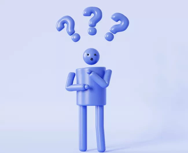 blue figure with question marks above