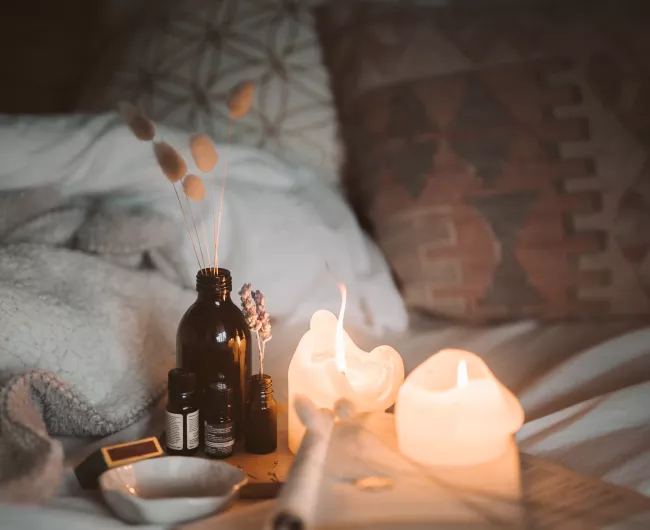 candles on romantic bed