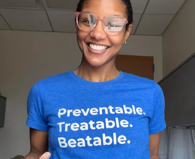 Woman in blue t shirt