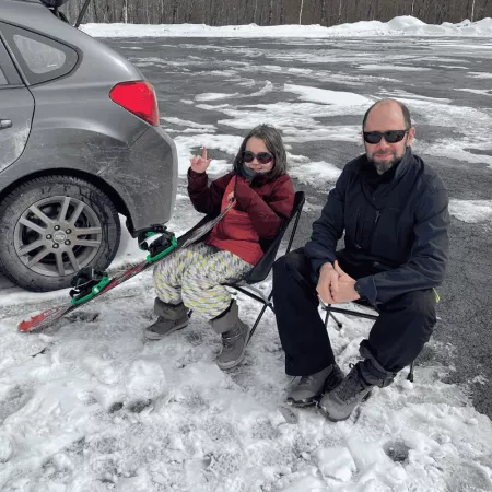 Damien and his child in the winter