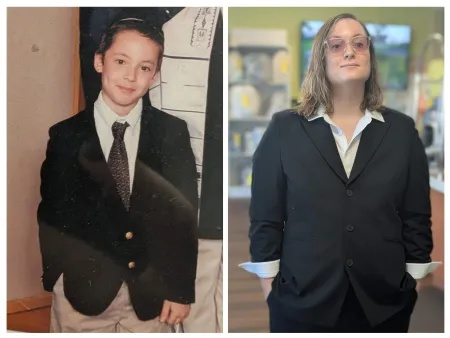 Jenny as a child in a kippah, blazer, and tie, beside Jenny more recently in a black blazer and white shirt, with shoulder-length hair and pink-tinted glasses, smiling confidently.